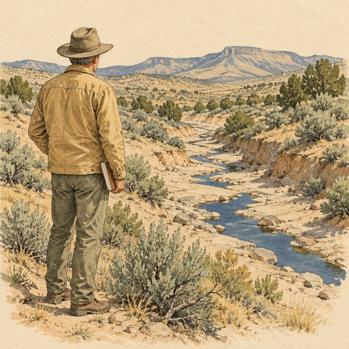 Illustration: Cal, an example character, looking over a dry arroyo
