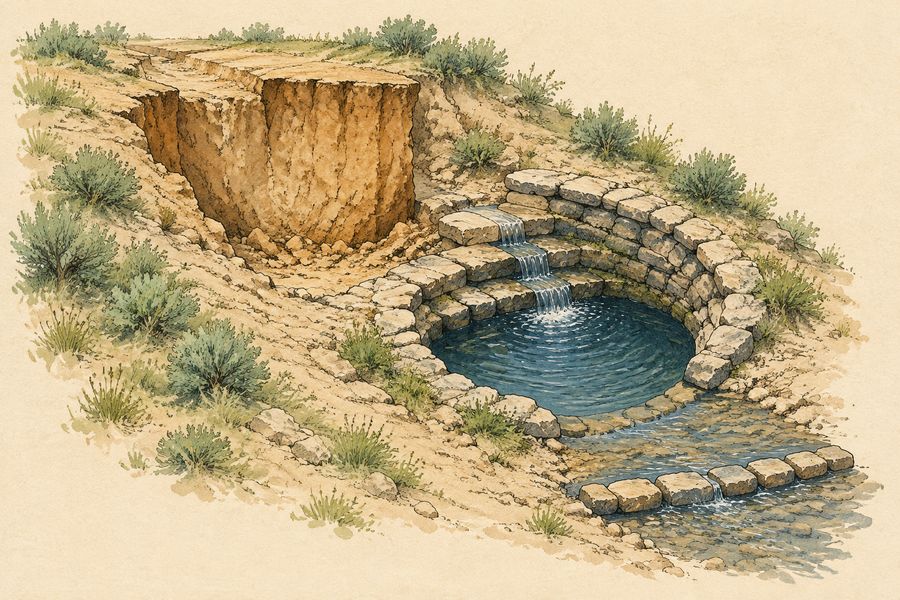 Illustration: a Zuni bowl at a gully headcut